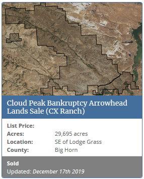 Cloud Peak Bankruptcy Arrowhead Lands Sale (CX Ranch)