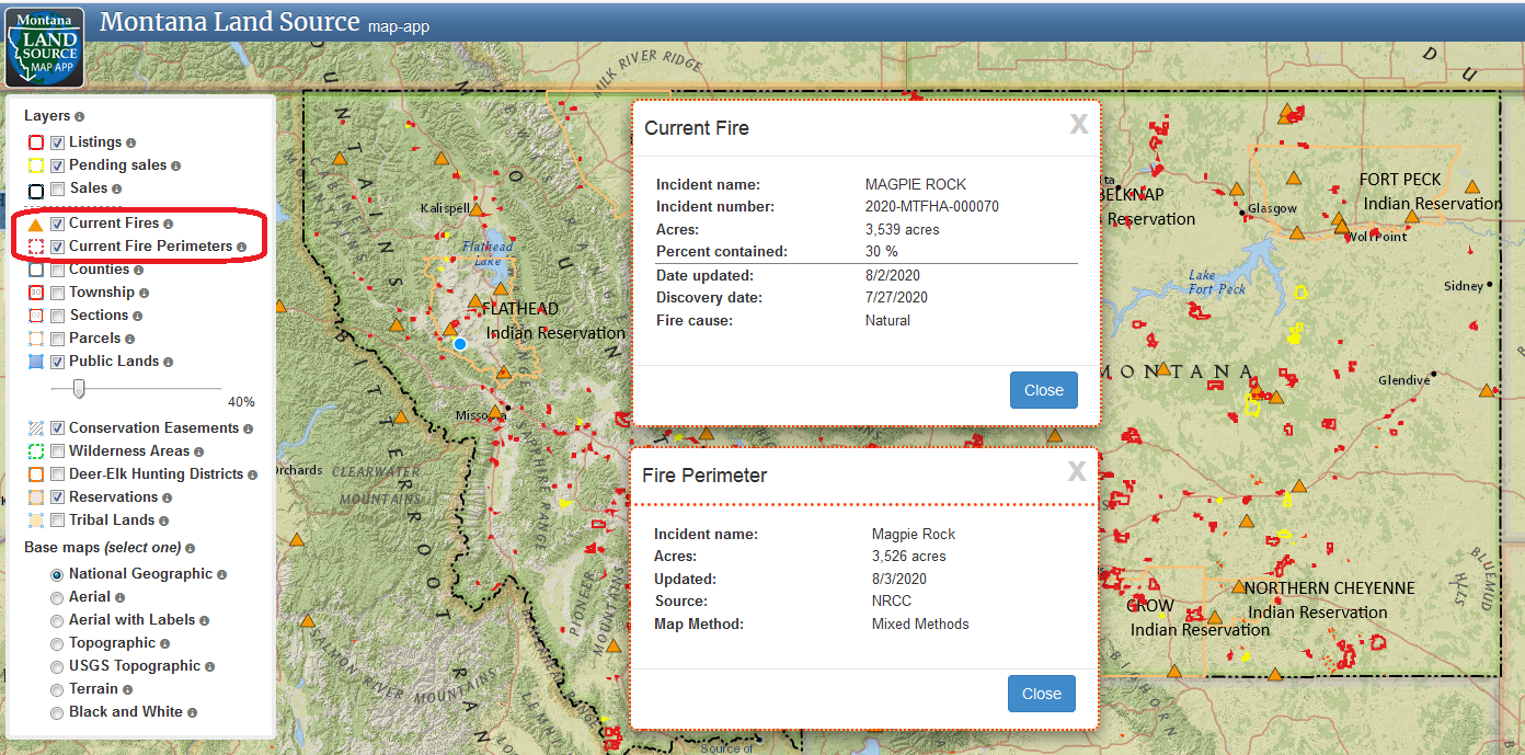 Wildfires on Montana Land Source map app